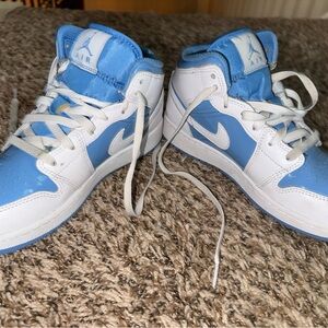 Nike: Kids White and Light Blue Jordans High-Top Sneakers